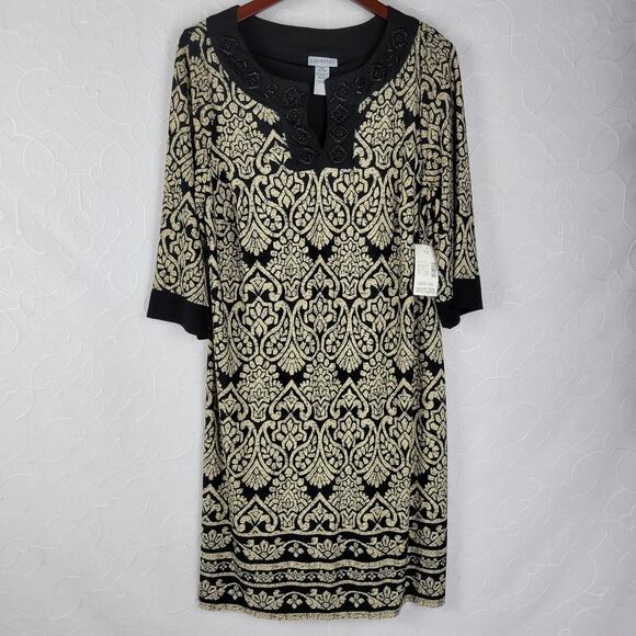 Catherine's Womens Dress Size 0X Black Tan Paisley Print Beaded 3/4 Sleeve NEW - Picture 12 of 12